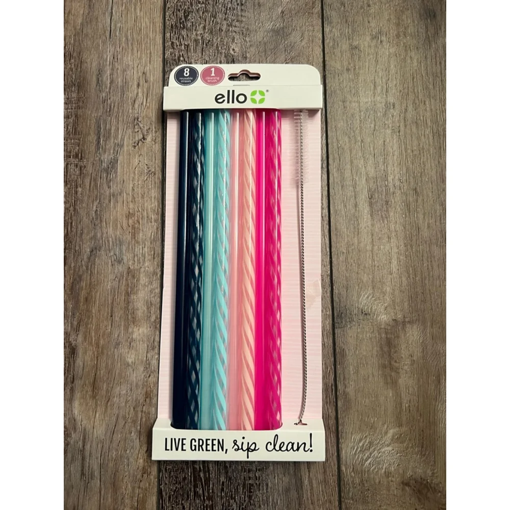 NEW Ello Reusable Plastic Straws with Cleaning Brush, One Size, Blue & Pink